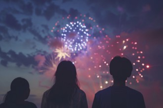 Back view of young people celebrating with fireworks in night sky. Generative Ai, AI generated