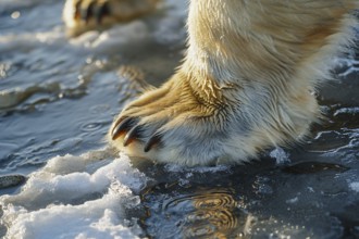 Close up of polar bear's paw staning on melting ice. Generative Ai, AI generated