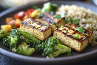 Vegan meal with fried tofu, quinoa and vegetables. Generative Ai, AI generated