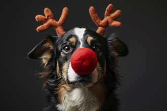 Dog with funny red nose and reindeer costume antlers. Generative Ai, AI generated