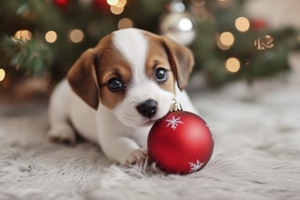 Young dog puppy playing with red Christmas tree bauble. Generative AI, AI generated