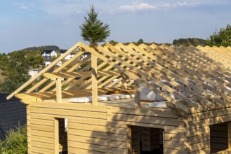 Shell of a wooden house, building, completely made of wood, in the village of Hesborn, in