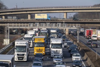 Traffic jam on the A3 motorway, at the Köln-Ost junction, heading south, four lanes jammed with