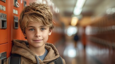 Cute caucasian school boy in the hallway of his school. generative AI, AI generated