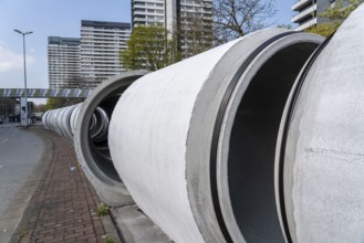 Concrete sewer pipes, stored on a construction site during sewer renovation work, on the Dickswall,