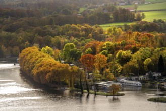 Lake Baldeney, on the south-eastern shore, Fischlaken district, in autumn, Essen, operating harbour