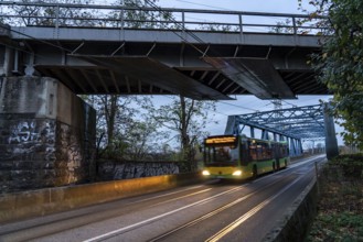 The Rhine-Herne Canal in Oberhausen, bus and tram bridge, North Rhine-Westphalia, Germany, Europe