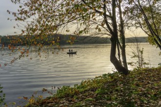 Lake Baldeney, autumn, rowing boats with anglers, Essen, North Rhine-Westphalia, Germany, Europe