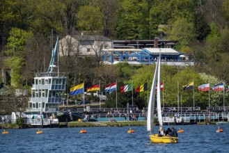 Lake Baldeney, reservoir of the Ruhr, regatta tower, regatta grandstand, catering above the lake,