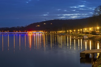 Lake Baldeney, illuminated dam, lake promenade, lock, left and hydroelectric power plant power