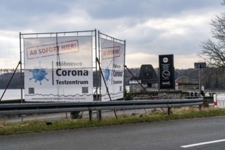 Corona test centre at the dam wall of Lake Möhne in Sauerland, North Rhine-Westphalia, Germany,