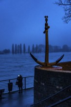 High water on the Rhine at Düsseldorf-Kaiserswerth, foggy weather, riverside paths and Rhine