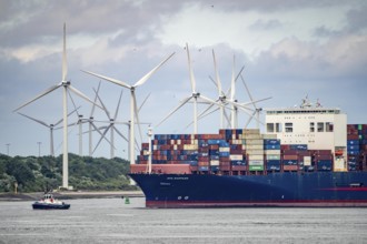 Entrance to the seaport of Rotterdam, APL Raffles container freighter, entering Maasvlakte 2, wind