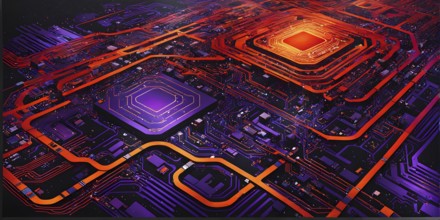 Birds eye view of a circuit board in vivid colored paths and connections, AI generated