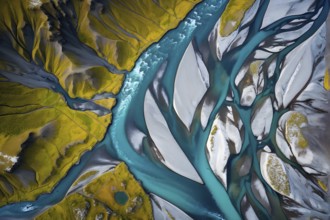 Aerial view perpendicular top down of an abstract colorful river along the coastline, AI generated