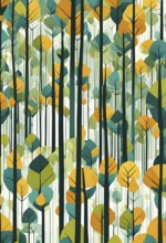 Abstract illustration of a forest with tall, geometric trees made of wind turbine blades, merging