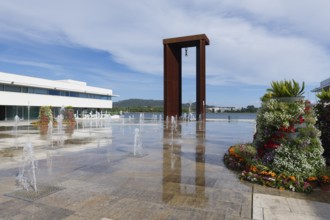 25 de April monument and water games, Freedom Square, Viana do Castelo, Minho, Portugal, Europe