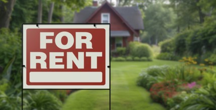 For rent real estate yard sign in front of house