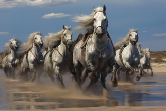 Harnessed white horses running wild in water, AI generated