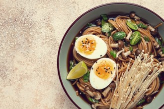 Soba, buckwheat noodles, with enoki mushrooms, shimeji and boiled egg, top view, homemade, no