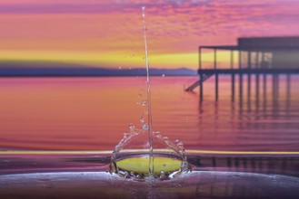 Splash of a drop falling into water, studio shot with Lake Constance motif as background, Bavaria,