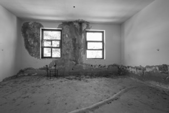 Abandoned room with two windows and crumbling walls, empty atmosphere, Lost Place, Lastovo,