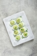 Snack, stuffed eggs with avocado, homemade, no people