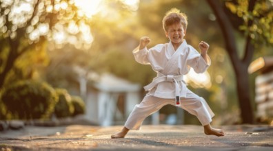 Young children practice martial art in kimono and developing karate and kong fu strength., AI