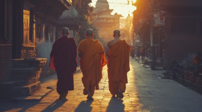 Tibetan Buddhist monks walk in kasaya robes on the streets of Kathmandu., AI generated