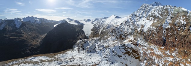 Glacier Gurgler Ferner and Hinterer Spiegelkogel, Ramoljoch, alpine panorama, aerial view,