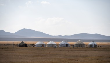 Yurts in the highlands, Song Kul mountain lake, Naryn region, Kyrgyzstan, Asia