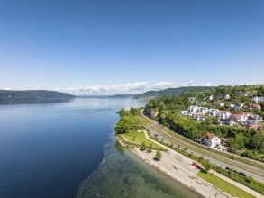 Aerial view of Lake Constance with the Landesgartenschaugelände and Uferpark, Goldbach, Überlingen,