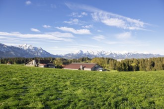 Farm at Hegratsrieder See near Füssen, spring meadow, Allgäu Alps, snow, fir forest, Allgäu,