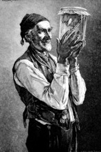 Old man holding a glass with a weather frog and predicting good weather, Germany, 1887, Historical,