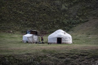 Yurt by a river, Desolate mountain landscape, Tian Shan, Sky Mountains, Sary Jaz Valley,