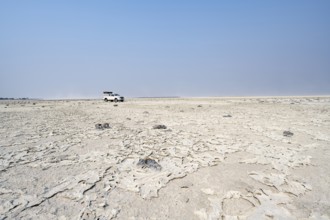 Four-wheel drive Toyota Hilux with roof tent, driving over salt pan, lone car in large wide plain,