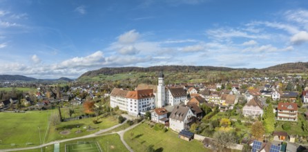 Aerial view, panorama of the former Augustinian canons' monastery and collegiate church in the Höri