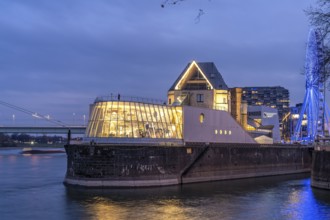 The Chocolate Museum on the Rhine at dusk, Cologne, North Rhine-Westphalia, Germany, Europe