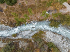 View down, aerial view, Ala Archa mountain stream, Ala Archa National Park, Khirgiz Ala-Too