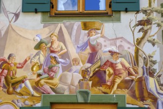 Lüftlmalerei, historical scene from the Bolzano market, Haus beim Gschoaga, Mittenwald,