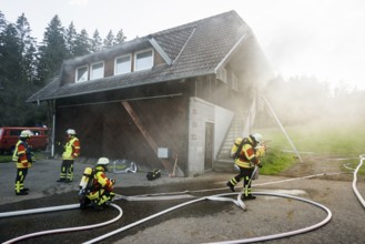 Fire brigade operation at a house fire, St Peter, Southern Black Forest, Black Forest,