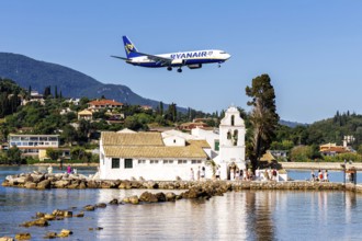 A Ryanair Boeing 737-800 aircraft with the registration SP-RSC at Corfu Airport, Greece, Europe