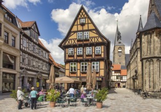 Half-timbered houses on the market square in the old town of Quedlinburg, 20/08/2014, Quedlinburg,