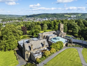 Cliffe Castle and Gardens from a drone, Keighley, West Yorkshire, England, United Kingdom, Europe