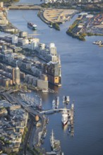 Aerial view of Hamburg harbour with Elbe, Elbphilharmonie, Speicherstadt, Hafen City,