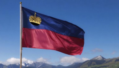 The flag of Liechtenstein flutters in the wind