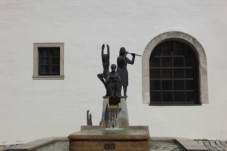 Fountain at the new town hall, Hassfurt, Hassfurt, Hassberge district, Lower Franconia, Bavaria,