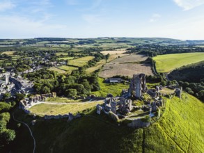 Ruins of Corfe Castle from a drone, Corfe Village, Purbeck Hills, Dorset, England, United Kingdom,