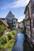 Historic half-timbered buildings in the fishermen's quarter and the Große Blau river arm in the old