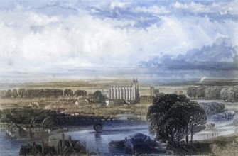 Eton seen from the terrace of Windsor Castle, England, Historical, digitally restored reproduction